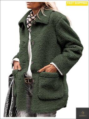 Fleece Sherpa Faux Fur Button Down Winter Coat with Pockets